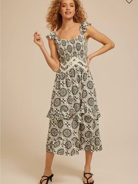 Maurices Black and Cream Patterned Ruffle Midi Dress